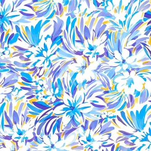Painterly Tropical White Flowers Blue