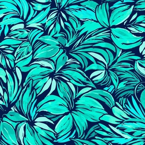 Lush Painted Tropical Leaves Teal