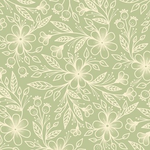 Fanciful Floral Multidirectional Line Drawing in Sage Green