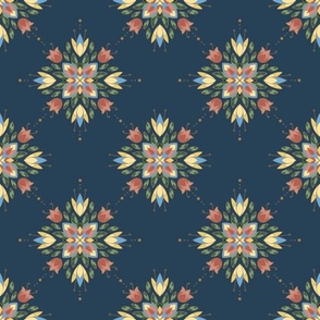 Floral Medallion  Gold Pink Blue small