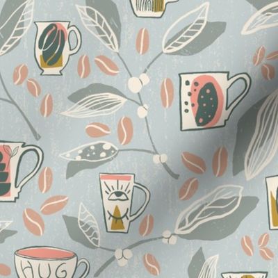 Boho Cafe Delight: Cozy Coffee Cup and Foliage Pattern - Modern Bohemian Fabric Design