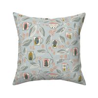 Boho Cafe Delight: Cozy Coffee Cup and Foliage Pattern - Modern Bohemian Fabric Design