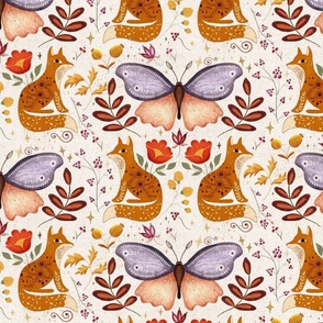 Boho Folk Art // Butterfly and Foxes// Cream Background (Large)