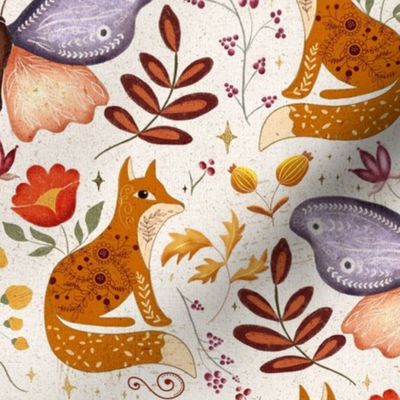 Boho Folk Art // Butterfly and Foxes// Cream Background (Medium)