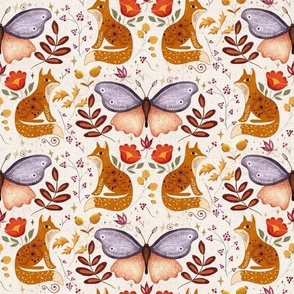Boho Folk Art // Butterfly and Foxes// Cream Background (Medium)
