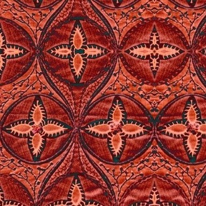 Cabin core vintage look originally hand embroidered geometric circles Rusty reds and peach salmon, coral