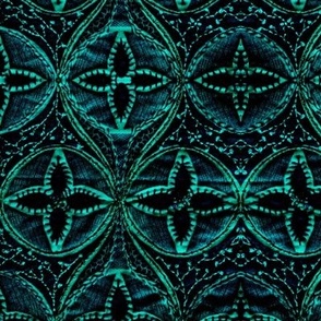 Cabin core vintage look originally hand embroidered geometric circles teals and jewels
