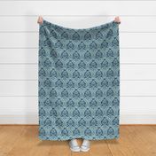 444. Sea life damask on teal background with navy blue elements