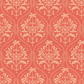 443. Sea life damask on coral colour background