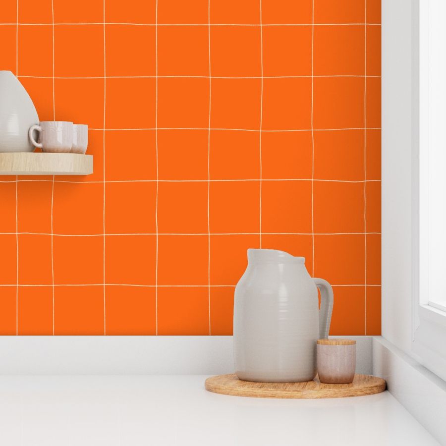 Hand-drawn Large Grid  Wallpaper in Bright Orange 