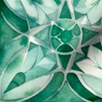 green stained glass watercolor mandala, large