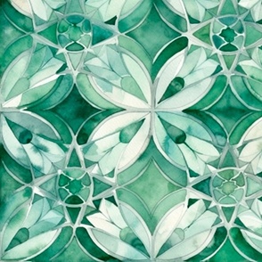 green stained glass watercolor mandala, large