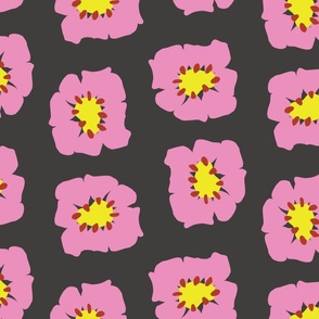 Pink Floral Heads Pattern on Dark Charcoal