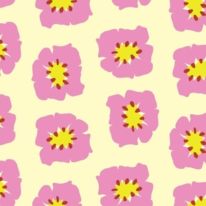 Pink Floral Heads Pattern on Pale Yellow