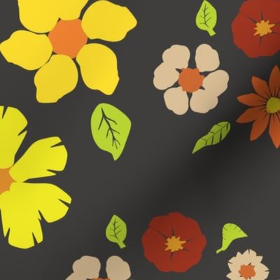 Boho Flower Pattern in Retro Golden Palette - Dark Charcoal Background