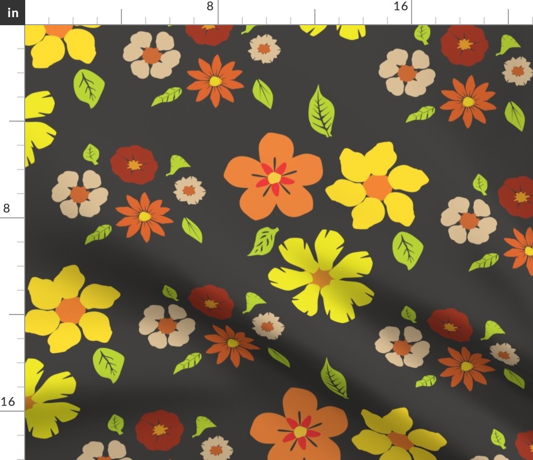 Boho Flower Pattern in Retro Golden Palette - Dark Charcoal Background