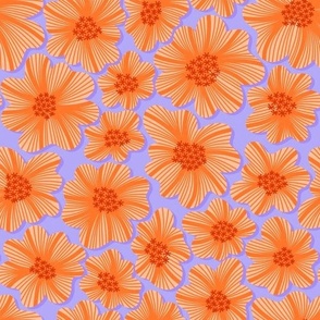 Abstract flower organic botanicals in red, orange, and blue repeat pattern