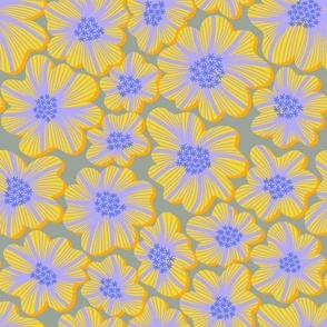 Abstract flower botanicals in modern yellow, purple, and khaki repeat pattern