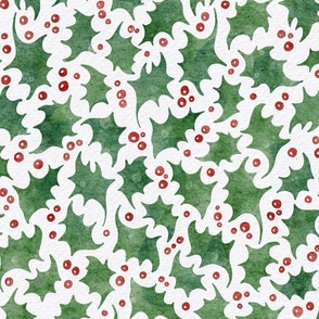 xmas holly - watercolor green leaf and red berry - christmas holly fabric and wallpaper