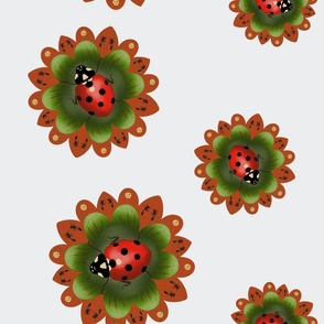 Ladybugs on red & green flowers on an off-white background