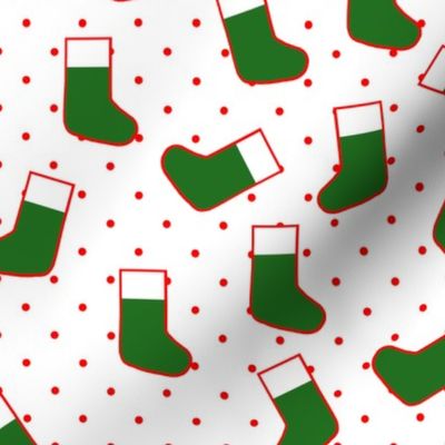 Green Christmas Stockings with Red Dots on White