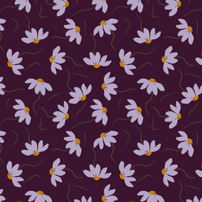 Small Scale Daisy Botanical Flowers in Lilac Purple on a Eggplant Purple Background 