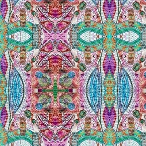 Batik effect Hand embroidered Art quilt appliquéd embroidery, photographed and mirrored Pinks, teals and purples