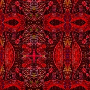 Hand embroidered Art quilt appliquéd embroidery, photographed and mirrored Rich red hues, winter holidays
