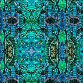 Hand embroidered Art quilt appliquéd embroidery, photographed and mirrored teals, lime green and blues