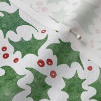 small scale xmas holly - watercolor green leaf and red berry - christmas holly fabric and wallpaper