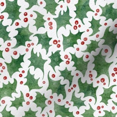 small scale xmas holly - watercolor green leaf and red berry - christmas holly fabric and wallpaper