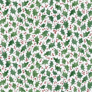 small scale xmas holly - watercolor green leaf and red berry - christmas holly fabric and wallpaper