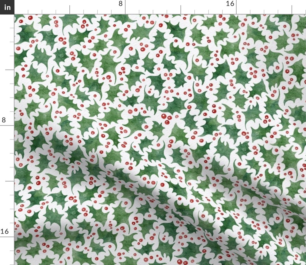 small scale xmas holly - watercolor green leaf and red berry - christmas holly fabric and wallpaper