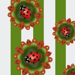 Ladybugs on red and green petals on a green and white striped background.
