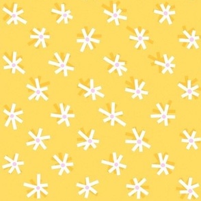 Whimsical Daisy Garden on Yellow -  White Abstract Dainty Flora
