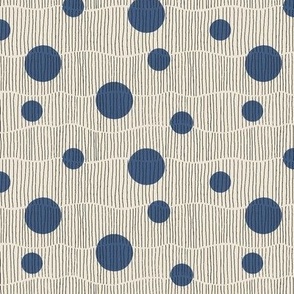 Mini Curvy Wavy Lines with Block Printed Dark Blue Dots on Antique Cream