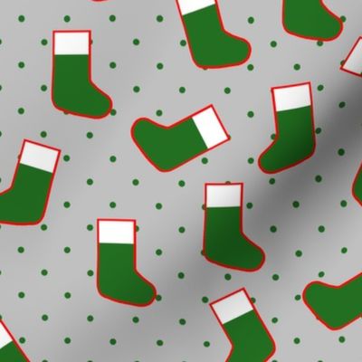Green Christmas Stockings with Green  Dots on Silver