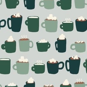 Hot Cocoa and Coffee Cups with Marshmallows in Emerald Green and Mint Green for Holiday Cozy Drinks