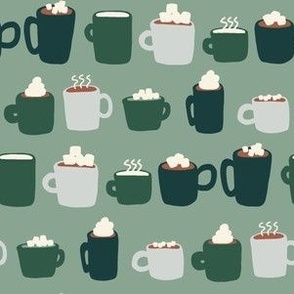Hot Cocoa and Coffee Cups with Marshmallows in Emerald Green and Mint Green for Holiday Cozy Drinks