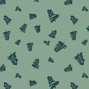 Tossed Christmas Trees in Pine Tree Line Art on Mint Green