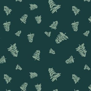Tossed Christmas Trees in Pine Tree Line Art on Emerald Green