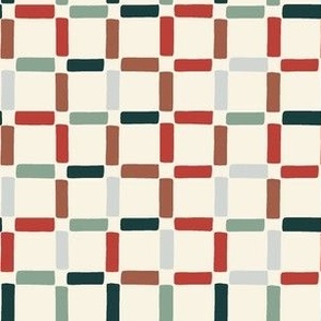 Holiday Checkerboard Grid in Ivory Cream and Emerald Green, Crimson Red and Light Blue