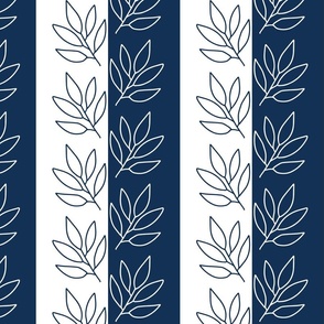 indigo classic stripe - large blue and white stripes and leaves -  indigo coastal botanical wallpaper and fabric