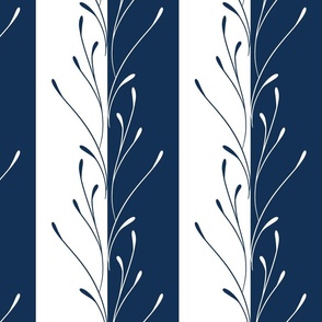 indigo classic stripe - large blue and white stripes and twigs -  indigo coastal botanical wallpaper and fabric