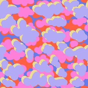 Vibrant Clouds Camo Pattern in Retro 80s Blue, Red, and Pink