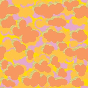 Vibrant Clouds Camo Pattern in Retro 70s Sunset Orange, Yellow, and Pink