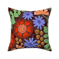 Vibrant Modern Wildflower Graphic Pattern in Brown, Red, Blue, and Green