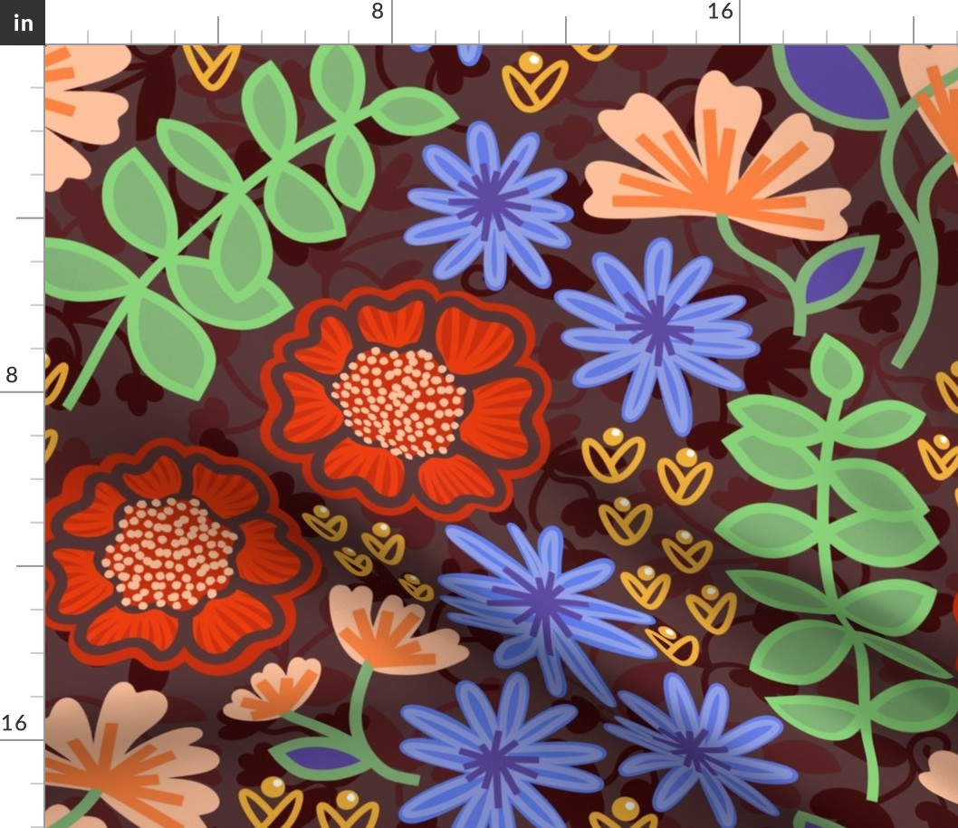 Vibrant Modern Wildflower Graphic Pattern in Brown, Red, Blue, and Green