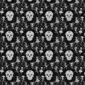 Day of the Dead on dark creepy damask gray and black - small scale