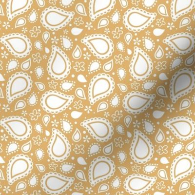 Small Scale Playful Paisley Bandana White on Honey Gold